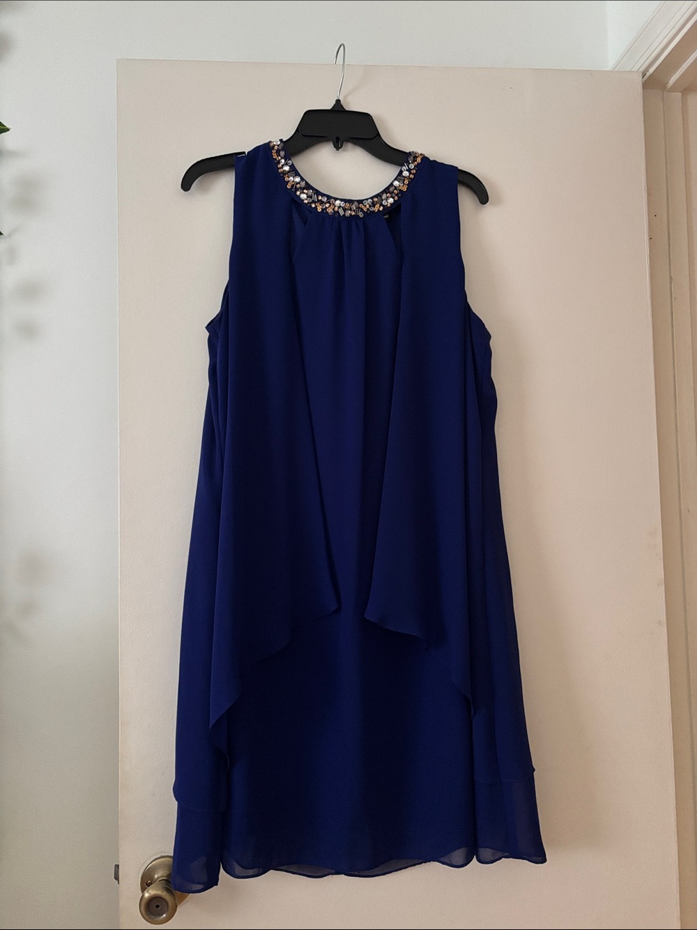 S.L. Fashions Royal Blue Beaded Neckline Midi Dress